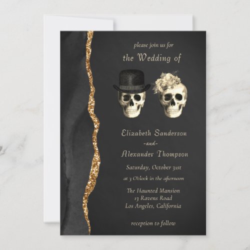 Gothic Skulls Black Gold Wedding Invitation