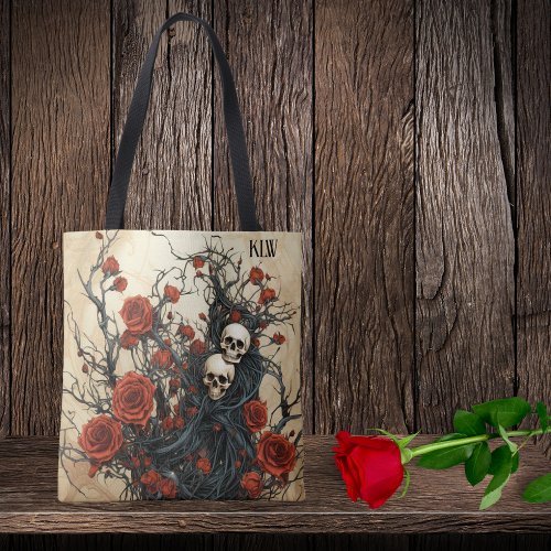 Gothic Skulls Black Vines and Red Roses Monogram  Tote Bag