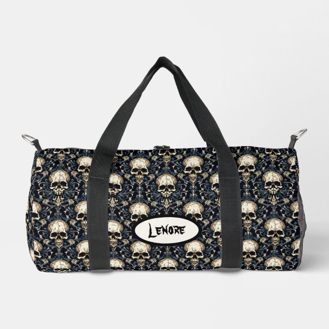 Gothic Skulls Blue Floral Duffle Bag (Front)