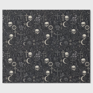 Gothic Skulls Crosses Crescent Moon Pattern Wrapping Paper
