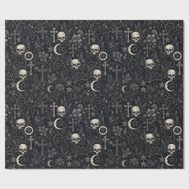 Gothic Skulls Crosses Crescent Moon Pattern Wrapping Paper (Flat)