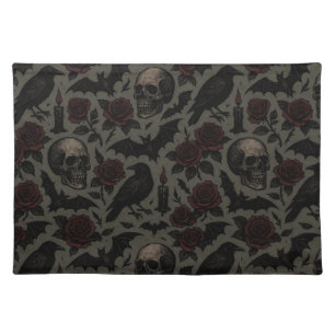 Gothic Skulls, Crows & Roses Pattern Cloth Placemat
