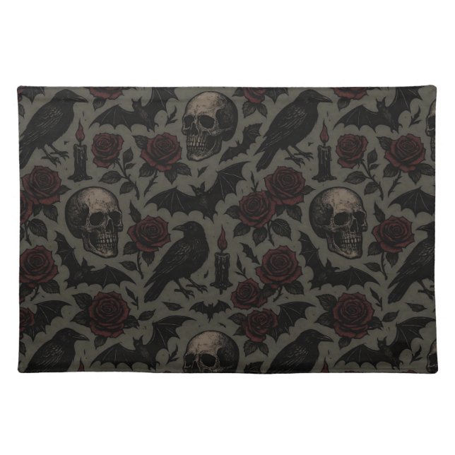 Gothic Skulls, Crows & Roses Pattern Cloth Placemat (Front)