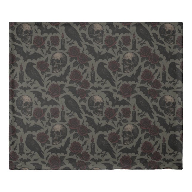 Gothic Skulls, Crows & Roses Pattern Duvet Cover (Front)