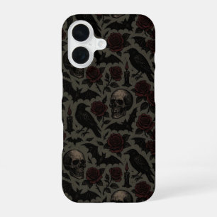 Gothic Skulls, Crows & Roses Pattern iPhone 16 Case