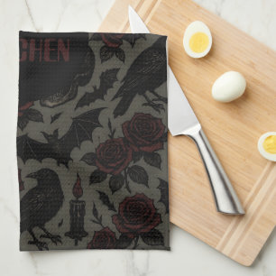 Gothic Skulls, Crows & Roses Pattern Kitchen Towel