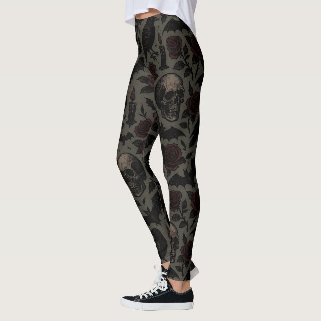 Gothic Skulls, Crows & Roses Pattern Leggings (Left)
