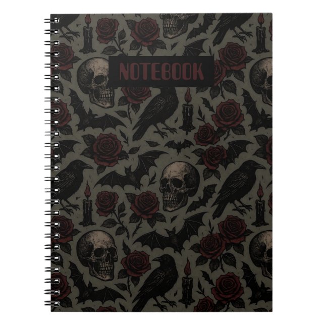 Gothic Skulls, Crows & Roses Pattern Notebook (Front)