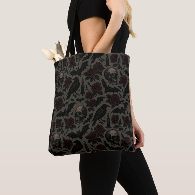 Gothic Skulls, Crows & Roses Pattern Tote Bag (Close Up)