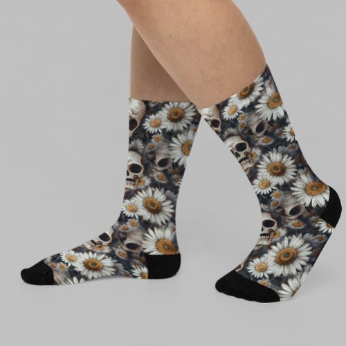 Gothic Skulls Daisy Flowers Pattern  Socks