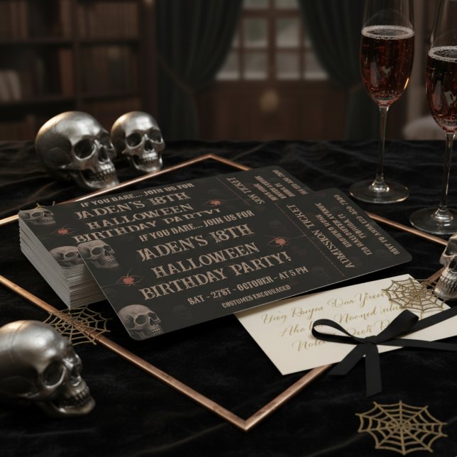Gothic Skulls Dark Halloween Birthday Party Ticket Invitation (Creator Uploaded)
