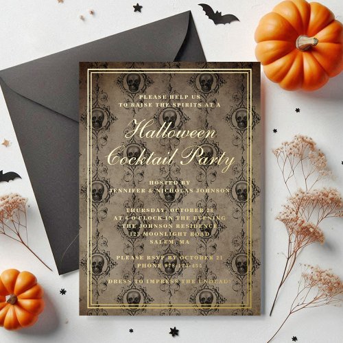 Gothic Skulls Halloween Cocktail Party Gold Foil Invitation