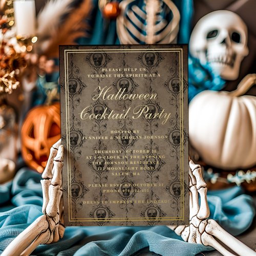 Gothic Skulls Halloween Cocktail Party Gold Foil Invitation