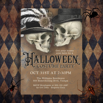 Gothic Skulls In Hats Halloween Costume Party Invitation by DP_Holidays at Zazzle