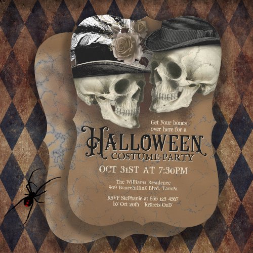 Gothic Skulls in Hats Halloween Costume Party Invitation