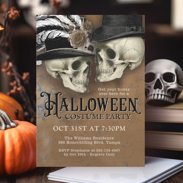 Gothic Skulls in Hats Halloween Costume Party Invitation (Available in both printed and instant download formats!)