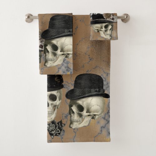 Gothic Skulls in Hats Vintage Halloween Bath Towel Set