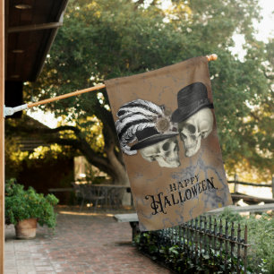 Gothic Skulls in Hats Vintage Halloween House Flag