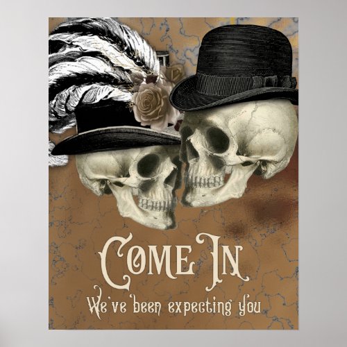 Gothic Skulls in Hats Vintage Halloween Poster