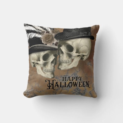 Gothic Skulls in Hats Vintage Halloween Throw Pillow
