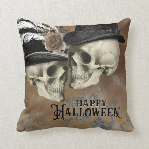 Gothic Skulls in Hats Vintage Halloween Throw Pillow