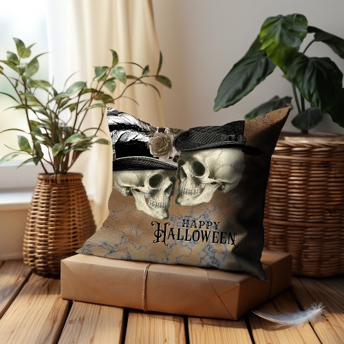 Gothic Skulls in Hats Vintage Halloween Throw Pillow