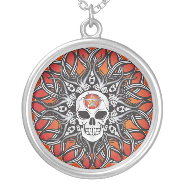 Gothic Skulls - Orange Silver Plated Necklace (Front)