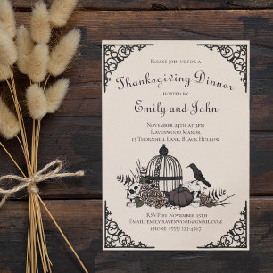 Gothic Skulls, Pumpkin & Fall Leaves Thanksgiving Invitation