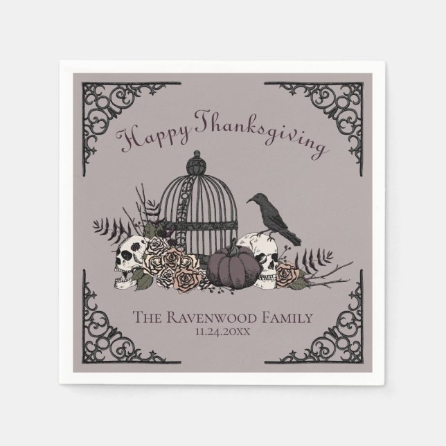 Gothic Skulls, Pumpkin & Fall Leaves Thanksgiving  Napkins (Front)