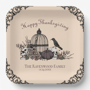 Gothic Skulls, Pumpkin & Fall Leaves Thanksgiving  Paper Plates