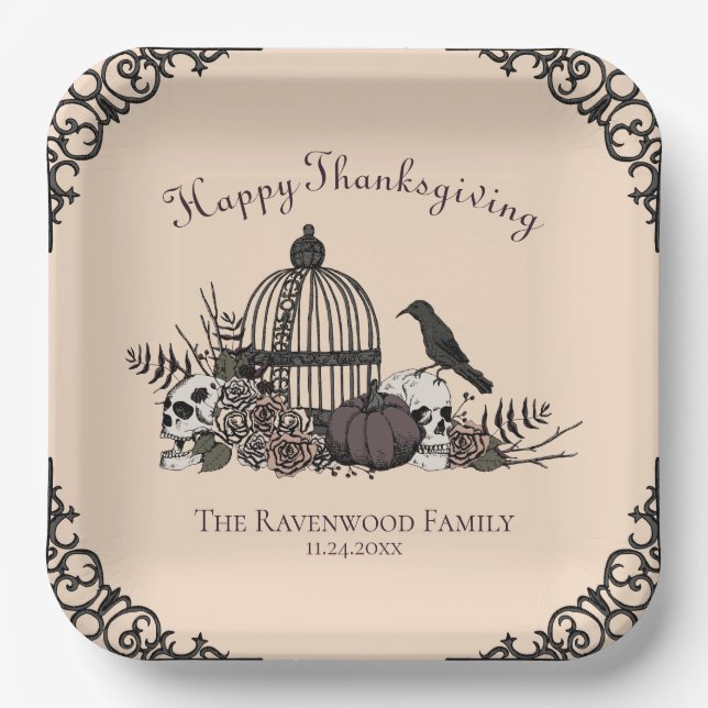 Gothic Skulls, Pumpkin & Fall Leaves Thanksgiving  Paper Plates (Front)