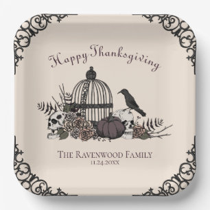 Gothic Skulls, Pumpkin & Fall Leaves Thanksgiving Paper Plates