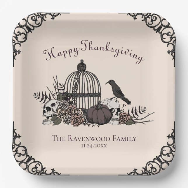 Gothic Skulls, Pumpkin & Fall Leaves Thanksgiving  Paper Plates (Front)