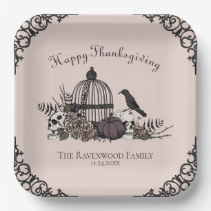 Gothic Skulls, Pumpkin & Fall Leaves Thanksgiving Paper Plates