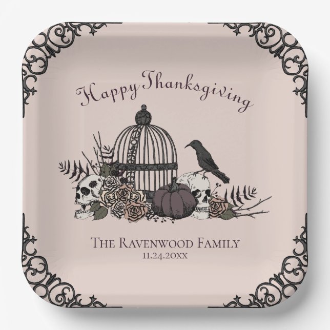 Gothic Skulls, Pumpkin & Fall Leaves Thanksgiving  Paper Plates (Front)