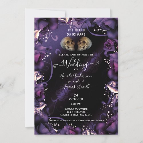 Gothic Skulls  Purple Roses Halloween Wedding Invitation