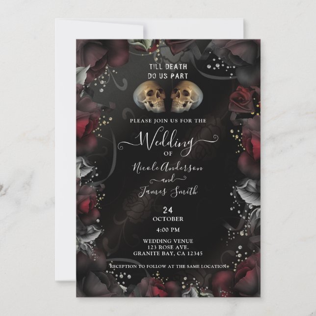 Gothic Skulls Red Black Roses Halloween Wedding  Invitation (Front)