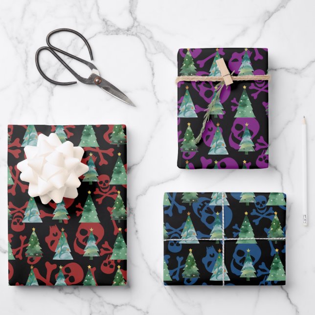 Gothic Skulls Red Purple Blue Christmas Trees  Wrapping Paper Sheets (Front)