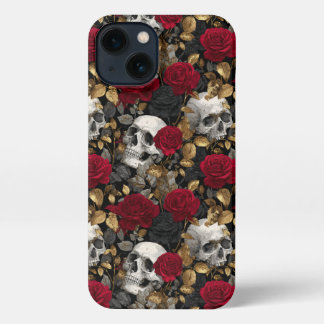Gothic Skulls & Red Roses Dark Floral Gold iPhone 13 Case