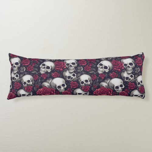 Gothic Skulls  Red Roses Pattern Body Pillow