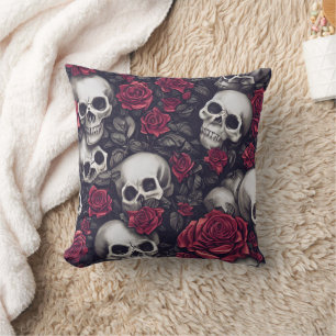 Gothic Skulls & Red Roses Pattern Throw Pillow