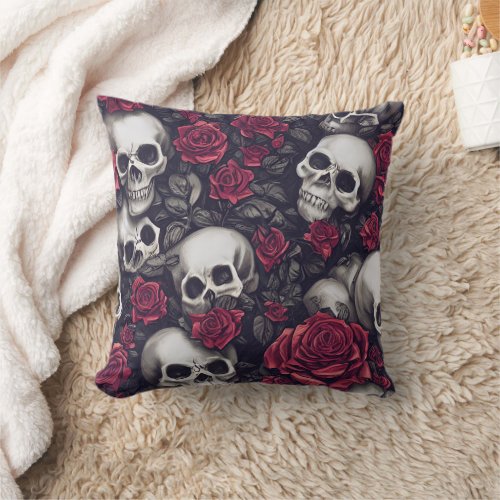Gothic Skulls  Red Roses Pattern Throw Pillow