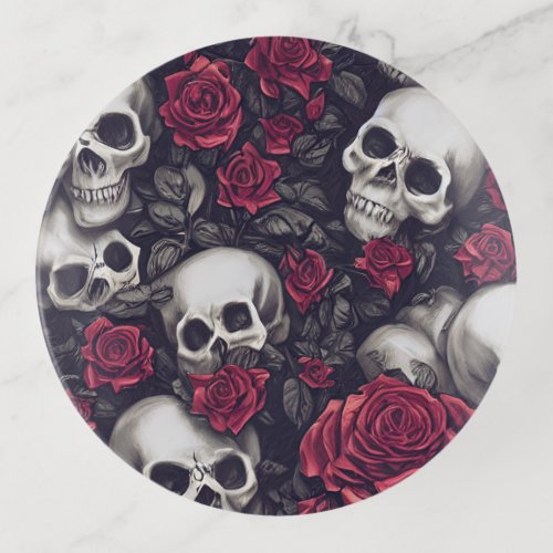 Gothic Skulls  Red Roses Pattern Trinket Tray