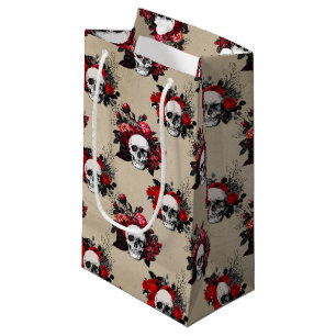 Gothic skulls red roses tiled pattern small gift bag