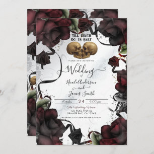 Gothic Skulls Red Roses White Halloween Wedding  Invitation