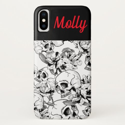 Gothic Skulls Roses Black Custom Text iPhone XS Case