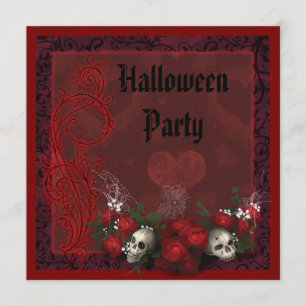 Gothic Skulls & Roses Black & Red Halloween Invitation