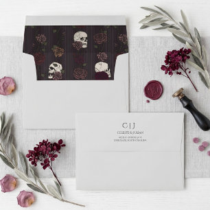 Gothic Skulls Roses Maroon Gray Wedding Envelope