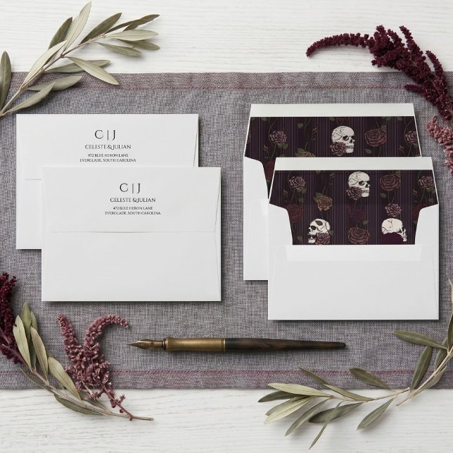Gothic Skulls Roses Maroon Gray Wedding Envelope (Gothic Light Gray Envelope features hand-drawn skulls and moody maroon roses in a whimsigoth style)