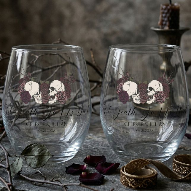 Gothic Skulls & Roses Til Death Wedding Stemless Wine Glass (Til Death Wine Glasses feature hand-drawn skulls and roses for an elegant gothic wedding table)